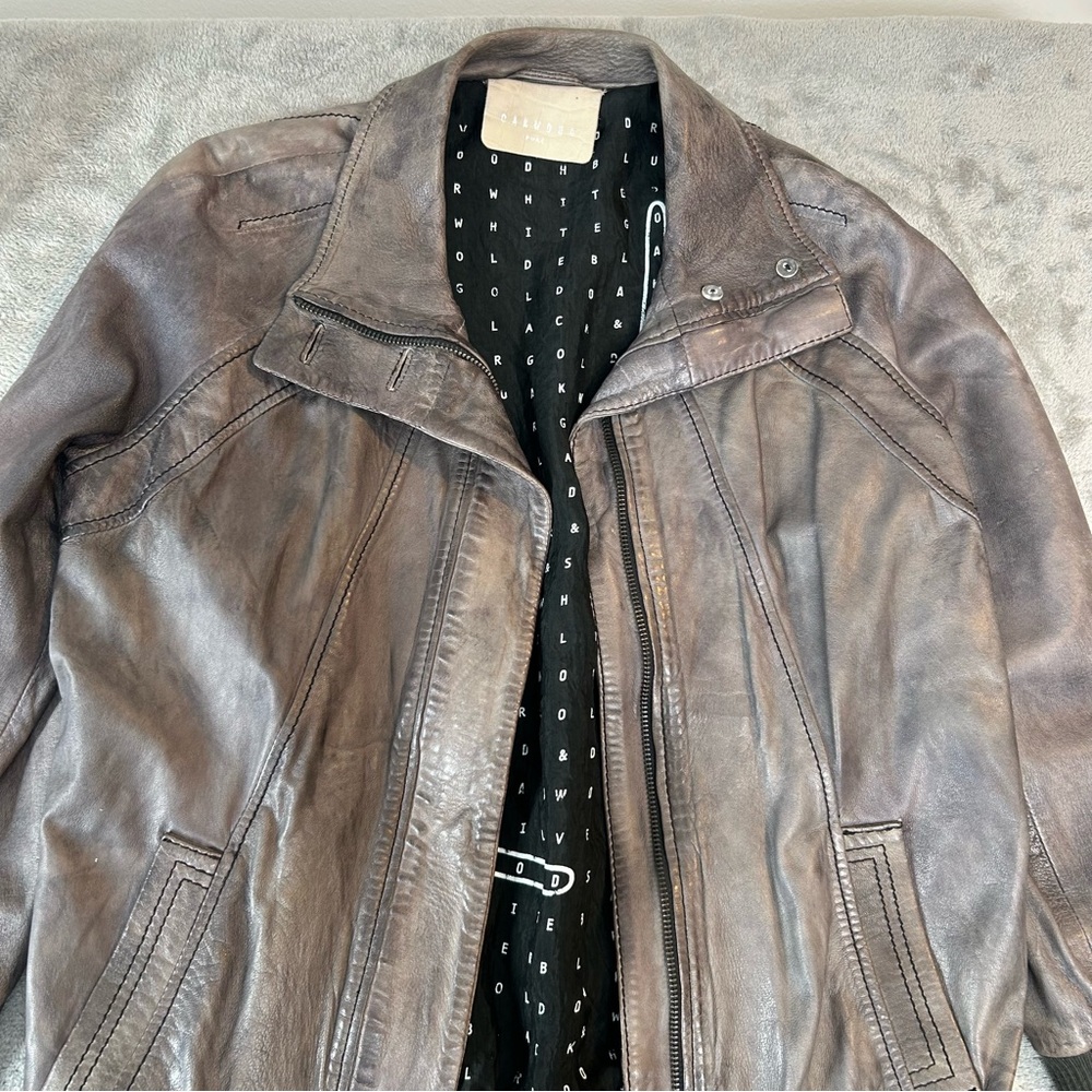Women's Brown Leather Bomber Jacket with Ribbed Cuffs and Waistband - Picture 2 of 16